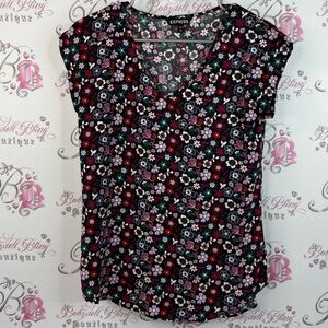 Express t-shirt, flowers, red, pink, Women's Floral Blouse - Black and Pink